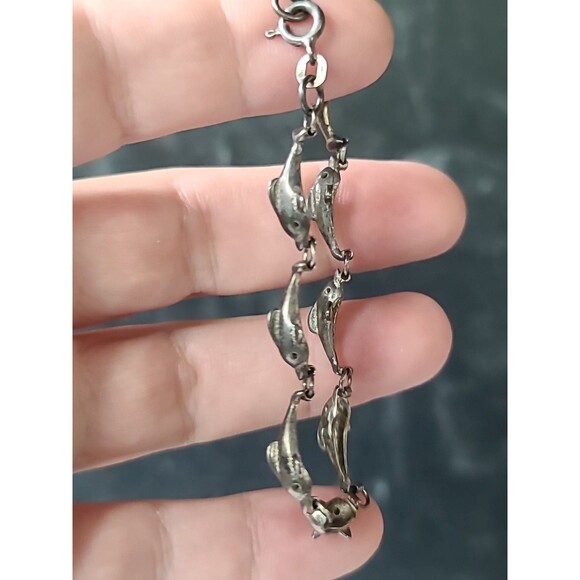 925 Sterling Silver Dolphin Link Bracelet Vintage - Picture 2 of 10
